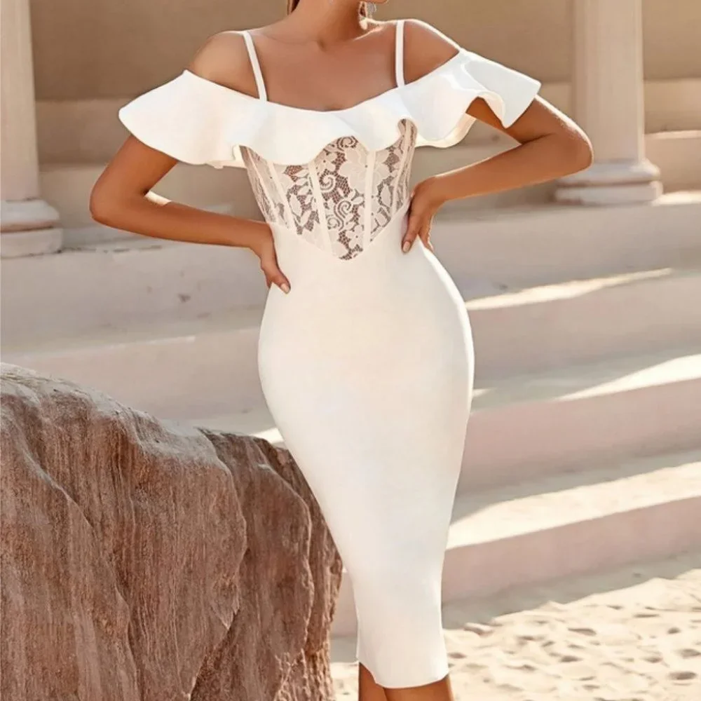 white lace front ruffle trim bodycon dress classy sassy sexy elegant holiday - Picture 3 of 6
